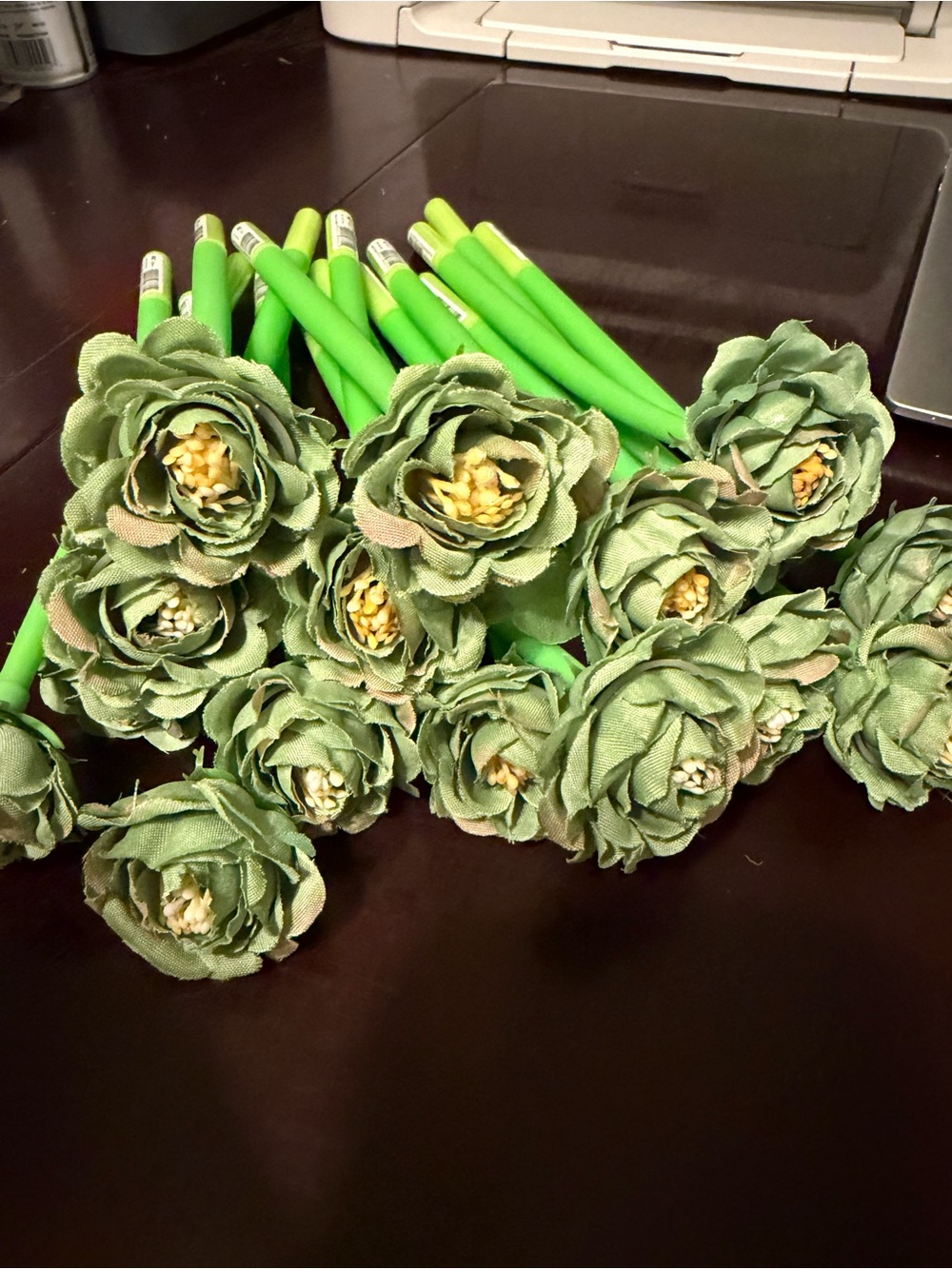 Others Follow Green Fabric Ranunculus Stems Bouquet with Yellow Centers